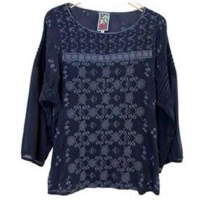 Johnny Was Embroidered Eyelet Tunic Navy Blue Light Blue Floral Design XS